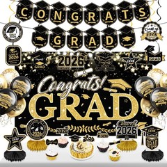 Graduation Decorations 2026 Set Black Gold, Congrats Grad Decor Set with Banner