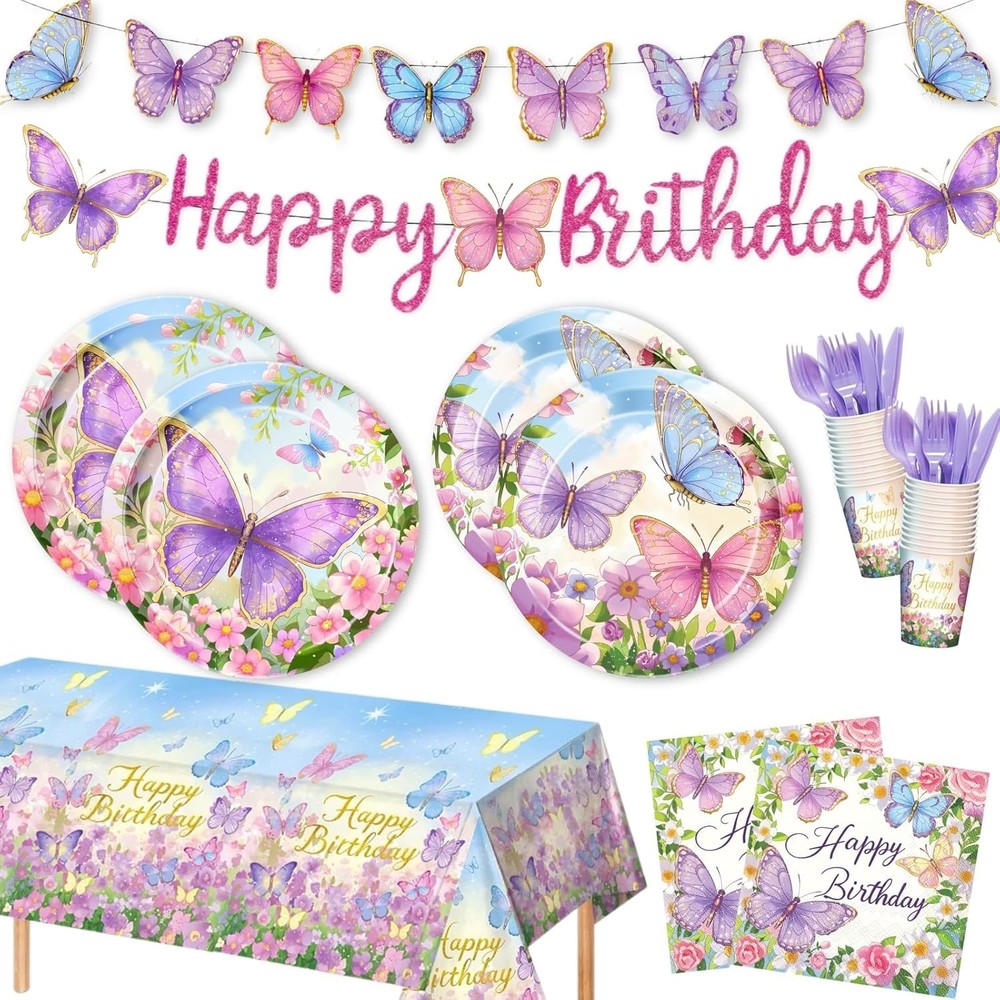 Floral Butterflies Disposable Birthday Tableware (Plates, Cups, Napkins, ETC)