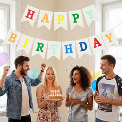 Burlap Happy Birthday Banner, Colorful Assembled Happy Birthday Banner Sign Garl