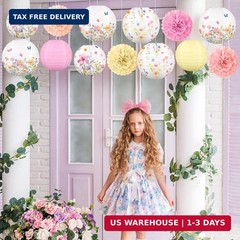 Renbuzhu 13PCS Spring Wildflower Party Decorations Hanging Paper Lanterns Pom Po