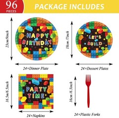 Vibrant Building Block Birthday Party Set – 96 Durable Pieces for 24 Guests