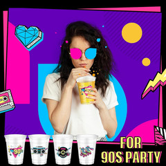 50 Pcs 90S Theme Party Decorations Back to 90’S Plastic Cups Hip Hop Party Suppl