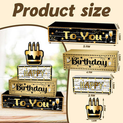 4Pcs Birthday Table Centerpiece, Happy Birthday Wooden Blocks Plaque, Black Gold