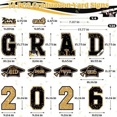 Graduation Yard Signs Class of 2026 Black Gold 14 Piece Set with Stakes Outdoor