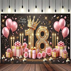 18th Birthday Backdrop Banner – Black & Pink Balloons, Golden Crown Theme, 8x6ft