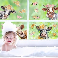 Floral Cow Window Clings Cute Stickers 11.5 x 8.3 inch, Multicolor