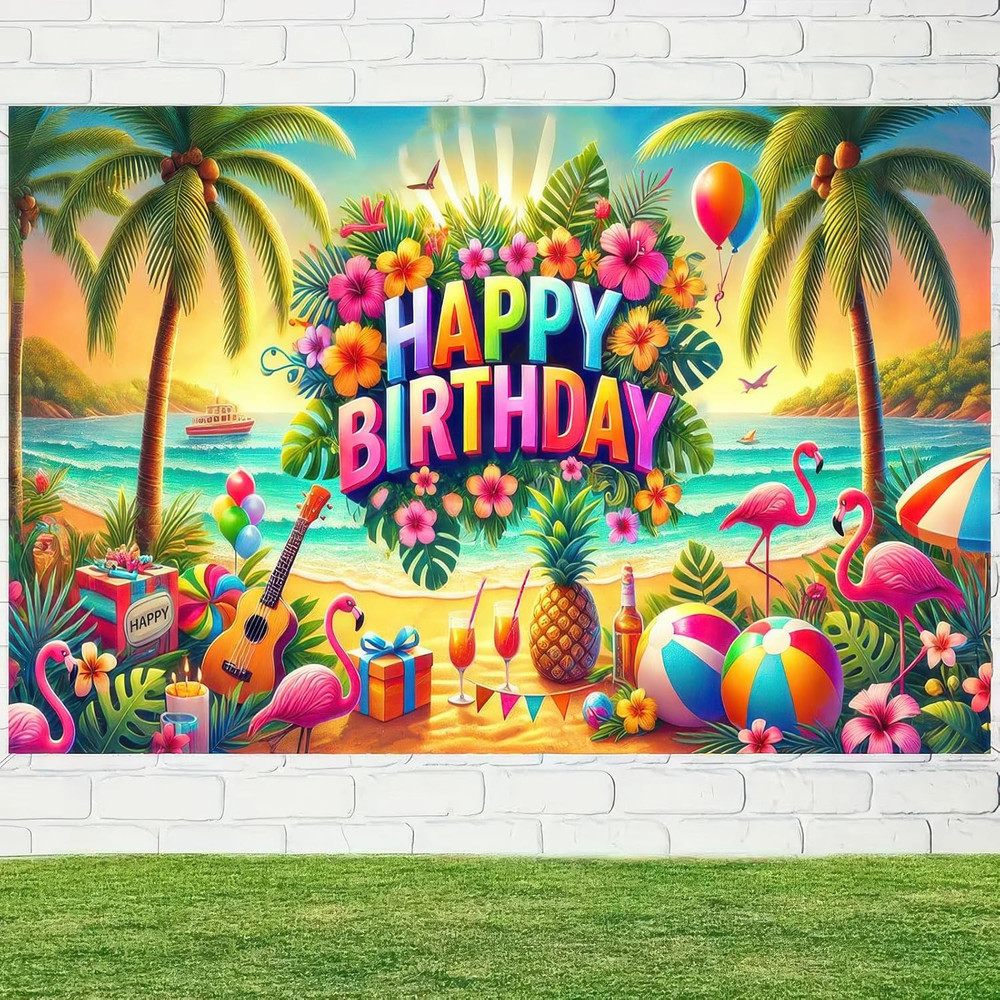 Hawaiian Birthday Banner Tropical Party Backdrop Luau Celebration Decor Happy…
