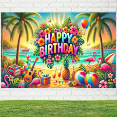 Hawaiian Birthday Banner Tropical Party Backdrop Luau Celebration Decor Happy…
