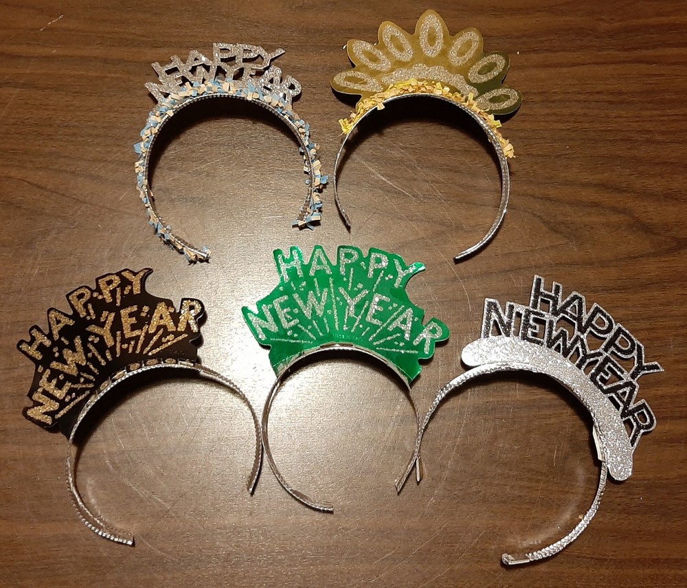 5 Happy New Year Headband Tiaras – Yellow, Green, Gold, Silver & Black