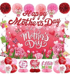 Happy Mother’s Day Decorations Set Pink Party Banner, Hanging Swirls Centerpiece