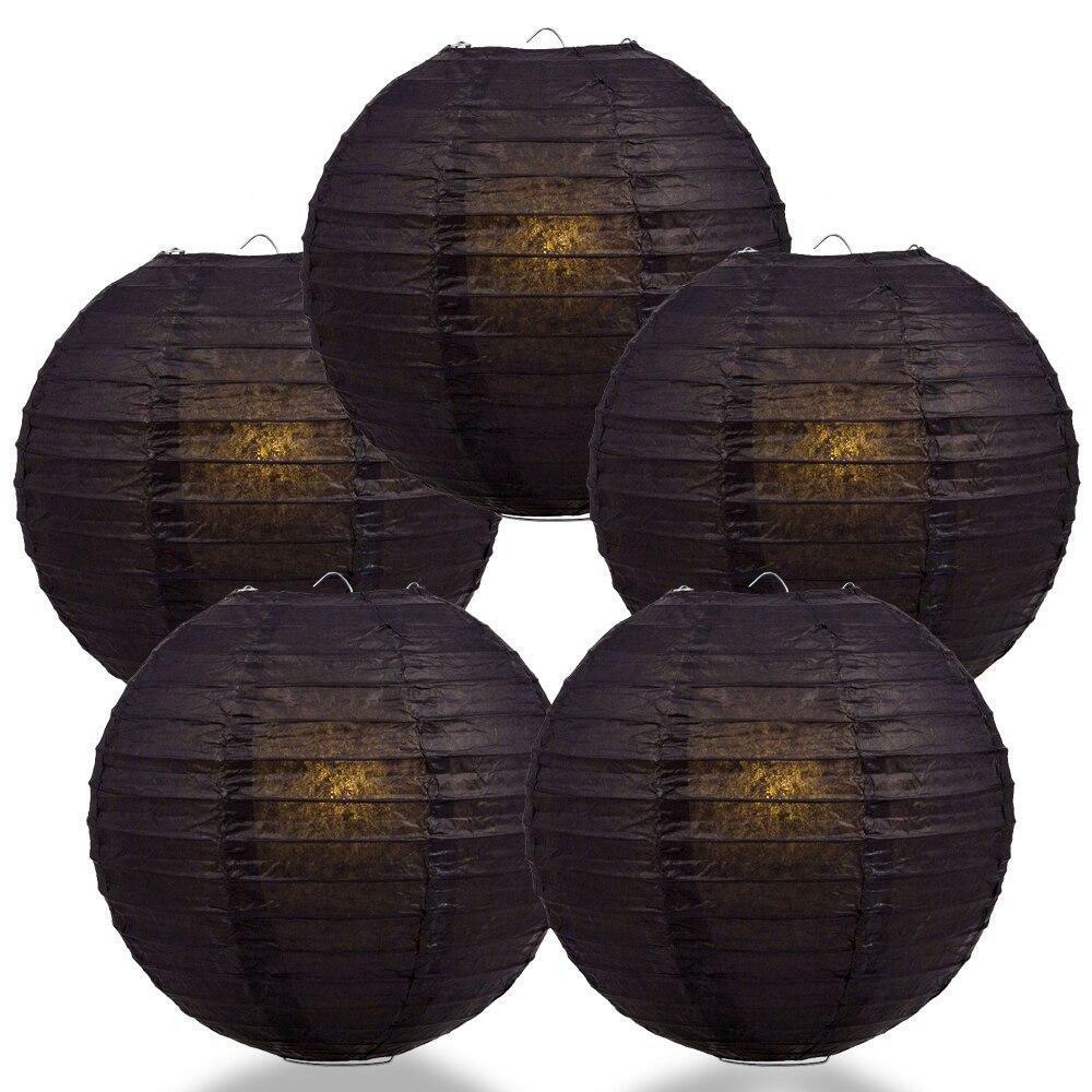 BULK PACK (5) 20″ Black Round Paper Lantern, Even Ribbing, Chinese Hanging Weddi