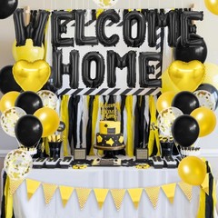 Welcome Home Decorations Black Gold Foil Balloon Banner with Confetti Balloons