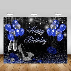 Mocsicka Birthday Backdrop for Women Silver 7x5ft (82×60 inch), Blue,Silver