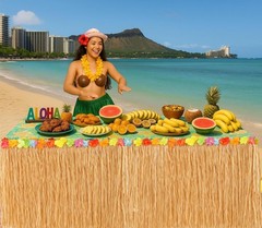 9 Feet x 29.5″ Luau Grass Table Skirt – Hawaiian Theme Party Skirt with Hibis…
