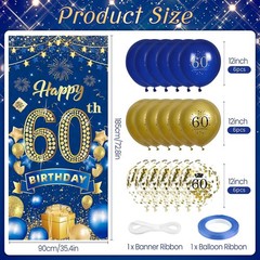 Complete 60th Birthday Decor – Navy Blue & Gold Banner with 18 Balloons Included