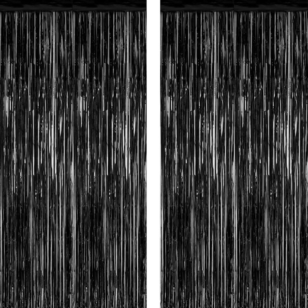 2 Pack Backdrop Black Foil Fringe Curtains Party Photo Props Metallic