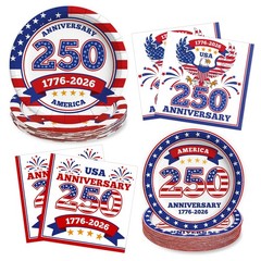 4th of July Decorations, USA 250th Anniversary Disposable Paper Plates and Napk,