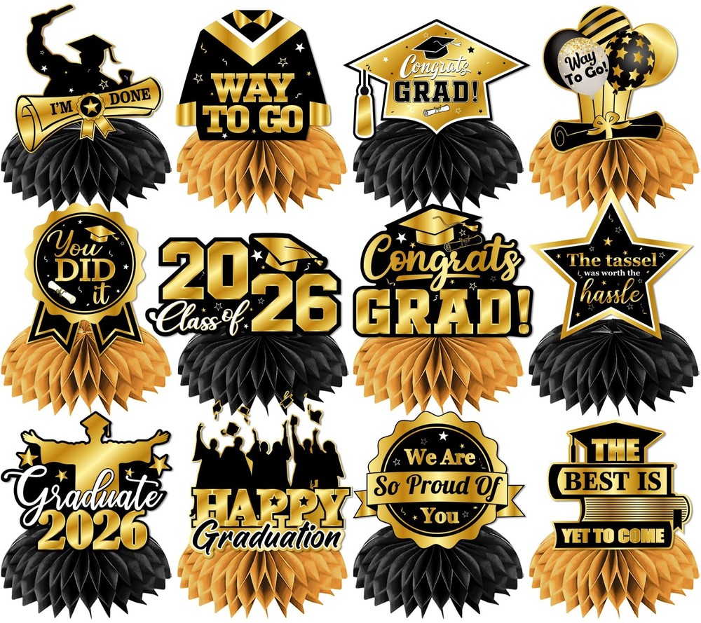 12 PCS Black Gold Class Of 2026 Graduation Centerpieces Table Decorations