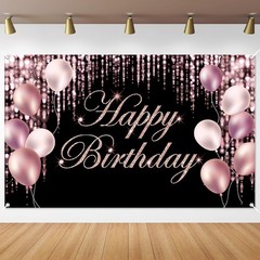 Happy Birthday Banner Backdrop Polyester Rose Gold for Party Baby Shower Indo…