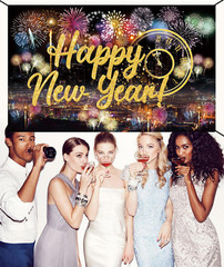 Happy New Year Fabric Banner with Fireworks for Party Photo Booth Backdrop Decor