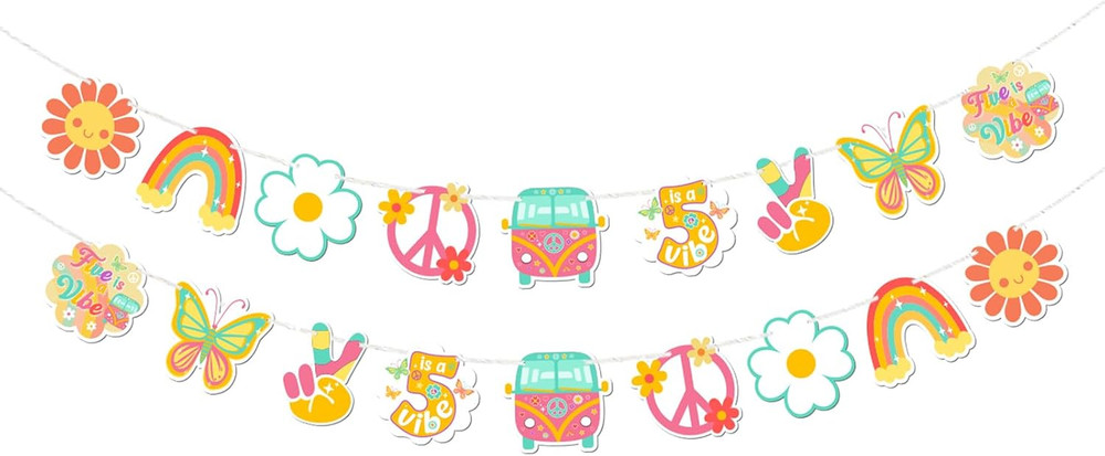 Five Is a Vibe Banner, Girl’S Five Birthday Decor, Daisy Hippie Groovy 5Th Birth