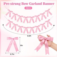 Pink Bow Garland Banner, Pre-Strung 2 Strings Pink Bow Decorations Banner, 16…