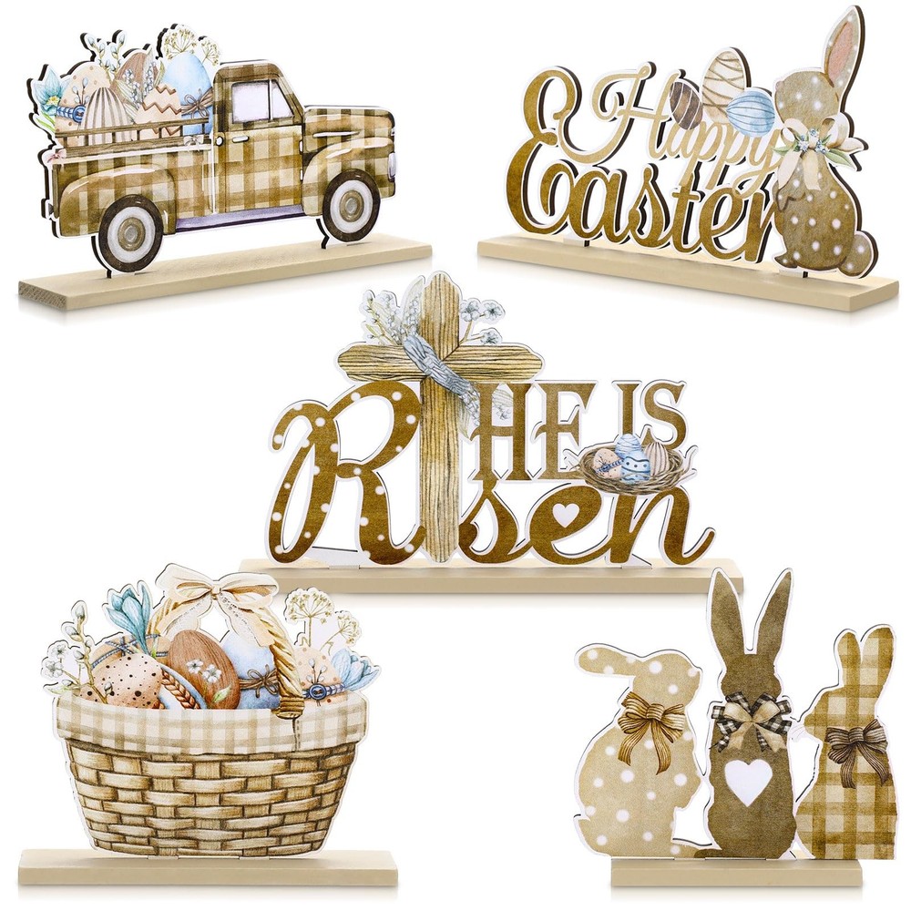 5 Pieces Easter Table Decorations Wooden Bunny Signs Wood Easter Centerpieces…