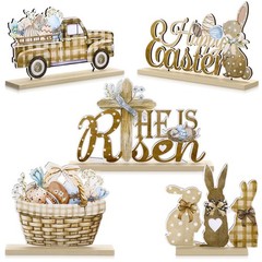 5 Pieces Easter Table Decorations Wooden Bunny Signs Wood Easter Centerpieces…