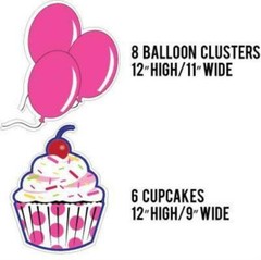 Pink Cupcakes and Balloons Birthday Pathway Markers 14 piece set – FREE SHIPPING