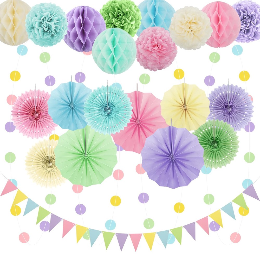 Pastel Party Decorations Hanging Paper Fans Pom Poms Macaron 24 PCS