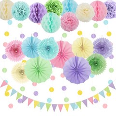 Pastel Party Decorations Hanging Paper Fans Pom Poms Macaron 24 PCS
