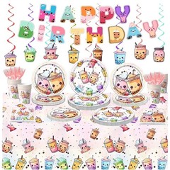 Boba Tea Party Birthday Decoration Tableware Set of Cups Napkins Plates Utensils