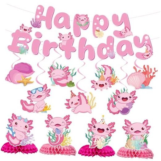 Axolotl Birthday Party Decorations – 12 PCs Pink Cute Cartoon Animals Happy