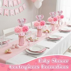 6 Sets Pink Elephant Baby Shower Vase Decorations Pom Poms Centerpieces Props