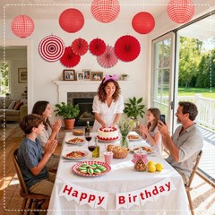 15 Pcs Red Gingham Party Decorations 12 Inch Paper Lanterns and Fans for Picnic
