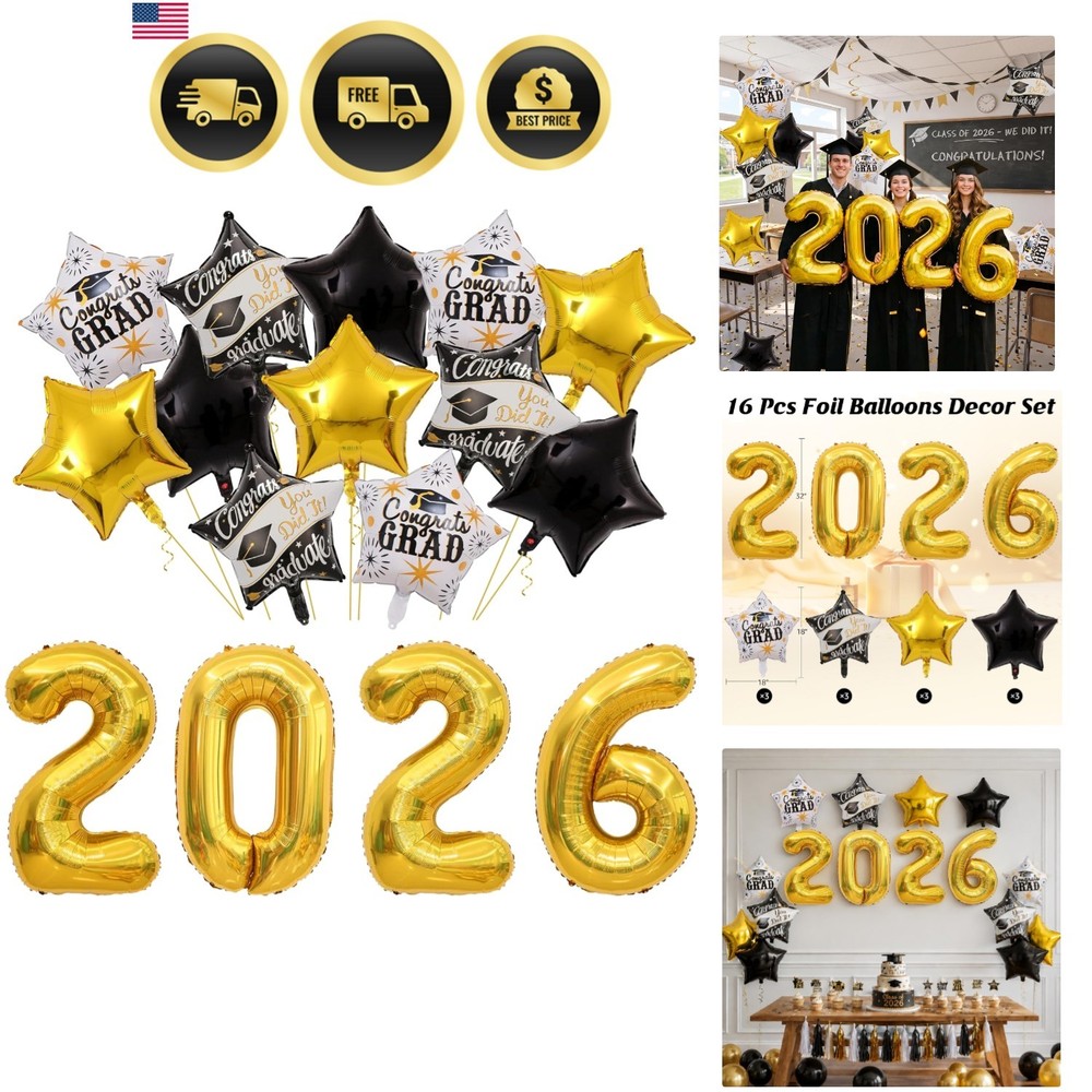 16 Pcs Graduation Decorations 2026 Balloons Kit, 32 Inch 2026 Number Foil Bal…
