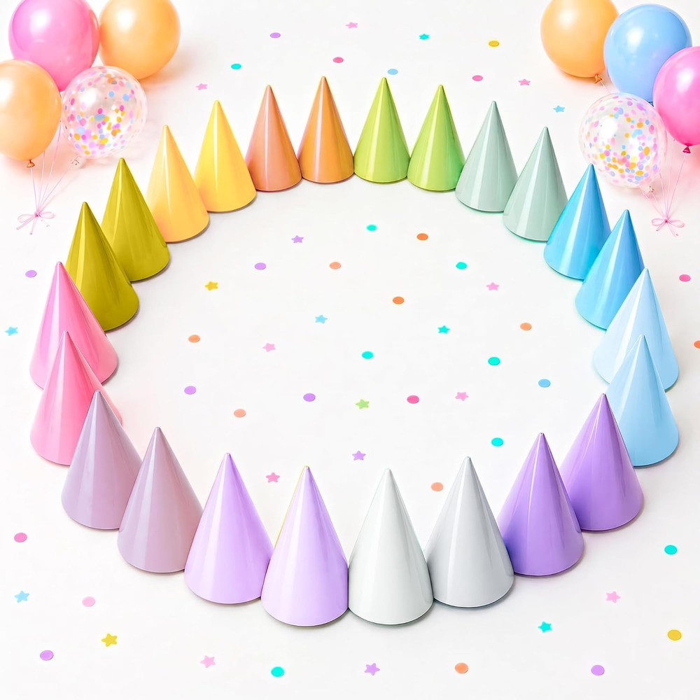 Pre-Assembled Pastel Party Hats for Adults: 24 Pack Cone Birthday Hats with Elas