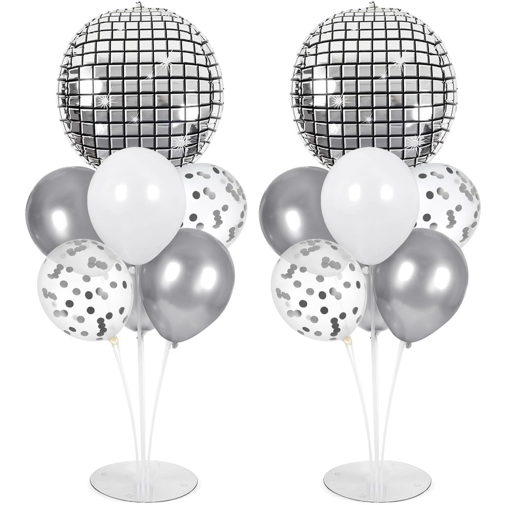 Disco Ball Party Balloons Stand Kit 2 Sets with 2 Silver 4D Discoball Foil Ba…