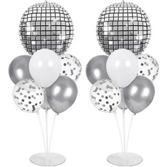 Disco Ball Party Balloons Stand Kit 2 Sets with 2 Silver 4D Discoball Foil Ba…
