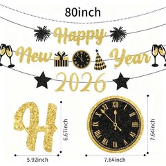 Gold Black New Years Decorations 2026 Glitter Banner New Years Eve Party