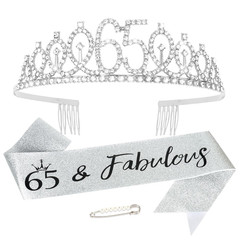 65th Birthday Sash and Crown Set Silver 65 & Fabulous Tiara Kit Birthday Gifts W