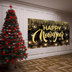 Happy New Year Hanging Extra Large Fabric Sign Poster Background Banner with Fir