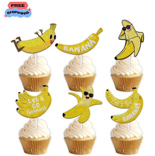 18Pcs Yellow Glitter Fruit Banana Dessert Cupcake Topper Pick for Let’S Go Banan