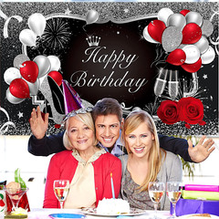 Silver and Black Happy Birthday Backdrop Happy Birthday Banner Red Large Sequin