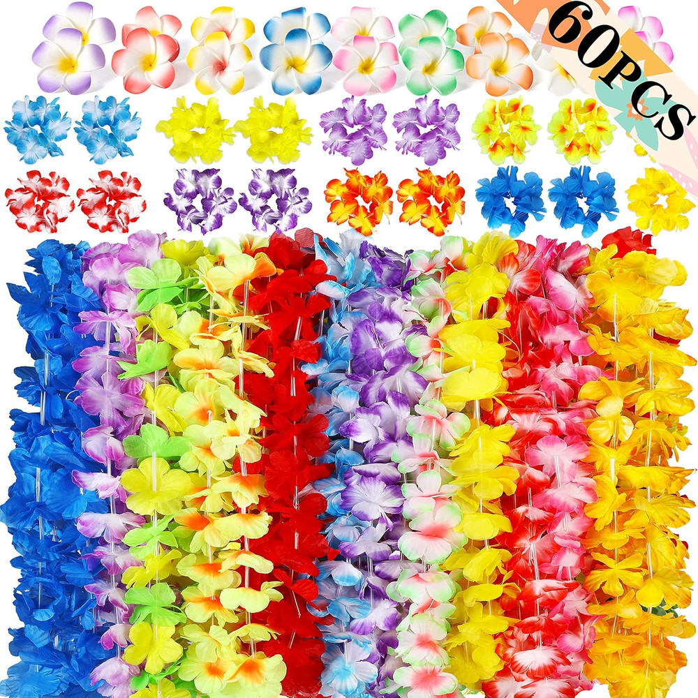 60PCS Hawaiian Luau Leis Party Decorations Birthday Supplies Set, Hawaii Tropica