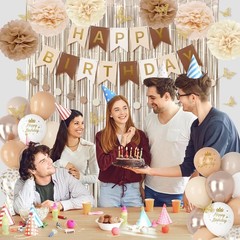 Complete Elegant Birthday Decorations – Neutral Balloons, Banners & Pompoms