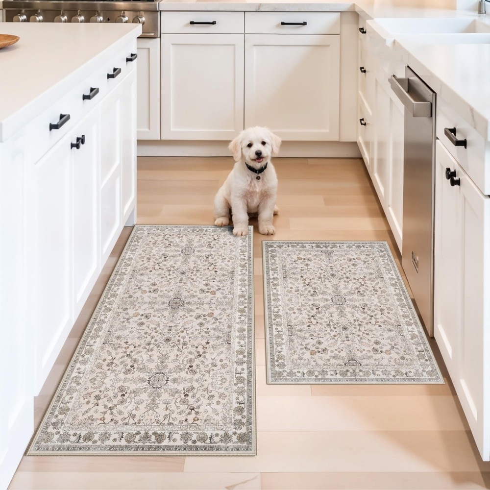 Kitchen Rugs Non-Slip Washable 2 Piece, Modern Boho Low Pile Stain-Resistant …