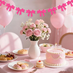 1 Pcs Rose Red Bow Garland Banner, Bow Party Decortions for Women Girls Birthday