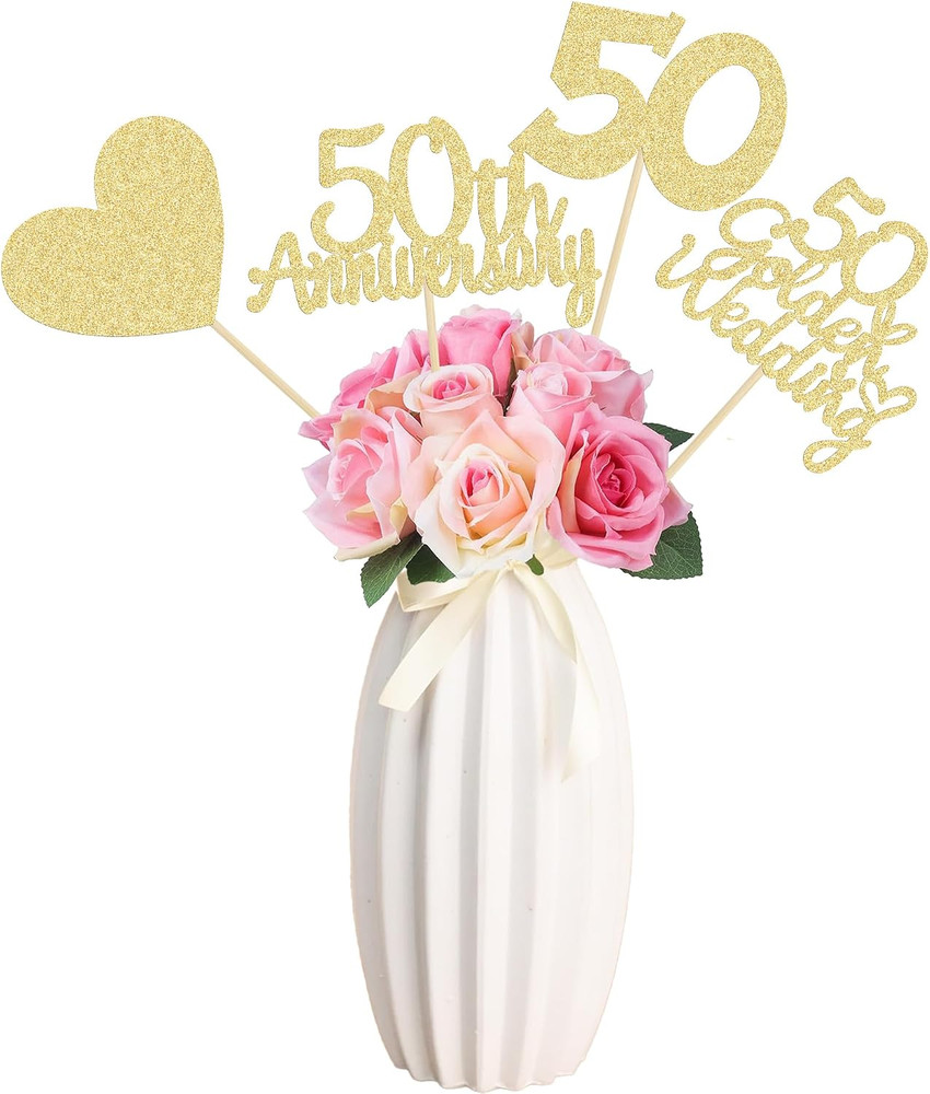 12Pcs 50Th Anniversary Centerpiece Sticks Double Sided Gold Glitter Heart 50 Gol