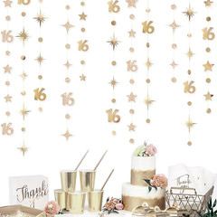 Champagne Gold Number 16 Circle Dot Twinkle Star Garland Streamer Bunting Banner